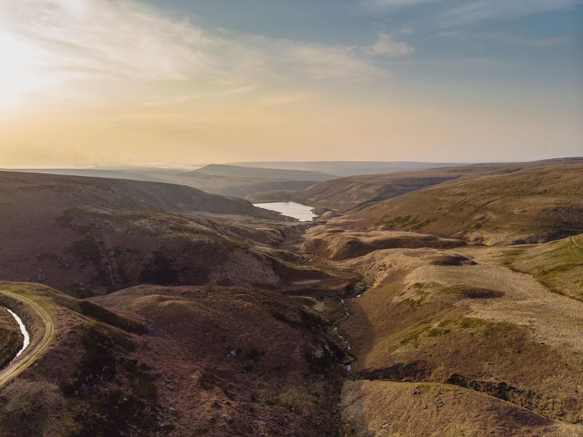 West Yorkshire landscape, sweeping landscape. Dramatic moorland. Reservoir in the centre